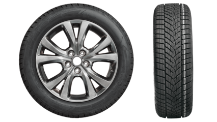 Collection car tires with alurim on free On isolated transparent PNG background.
