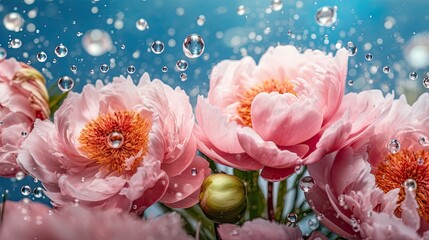 Beautiful pink peonies underwater with bubbles, for your design, AI