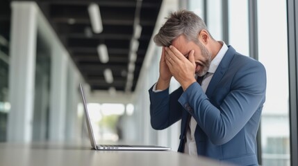 Stressed businessman suffering headache in office. Generative AI.