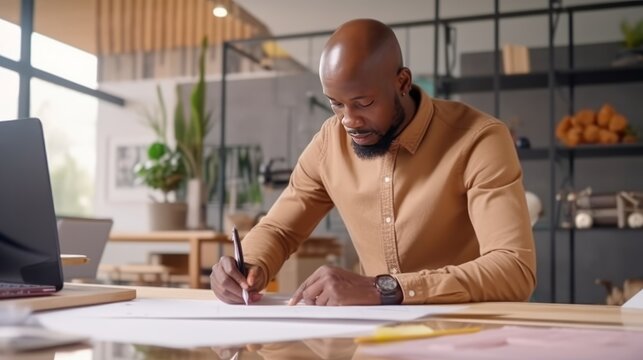 African Male Architect Working on Blueprints in Office. Generative AI.