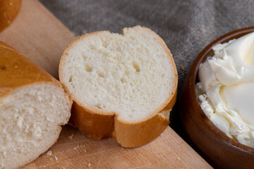 Fototapeta na wymiar soft fresh long french bread in the kitchen
