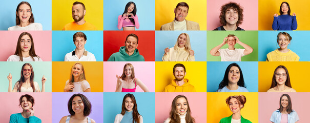 Collage made of portraits of young people, men and women smiling over multicolored background....