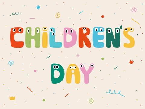 Happy Children's Day greeting card. Colored letters. World Children's Day banner. Vector cartoon doodle. Poster in retro style. International celebrate.