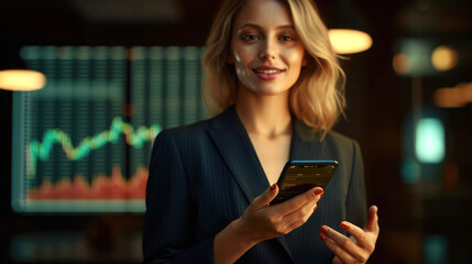 Businesswoman in a formal suit holding a smartphone and analyzing a financial chart displayed on the screen. Generative AI