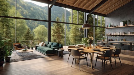 Fototapeta na wymiar modern and luxurious open plan living room interior with kitchen and dining, views of forest and mountain, forest retreat vibe, AI rendered