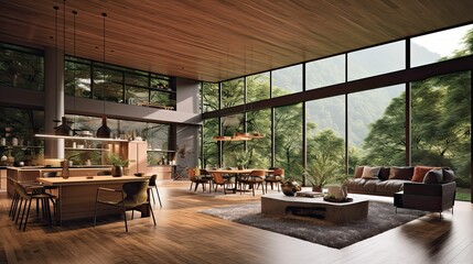 modern and luxurious open plan living room interior with kitchen and dining, views of forest and mountain, forest retreat vibe, AI rendered