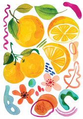 set of orange elements watercolor hand draw clip art