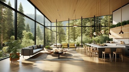 Fototapeta premium modern and luxurious open plan living room interior with kitchen and dining, views of forest and mountain, forest retreat vibe, AI rendered