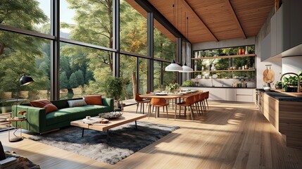 Fototapeta premium modern and luxurious open plan living room interior with kitchen and dining, views of forest and mountain, forest retreat vibe, AI rendered