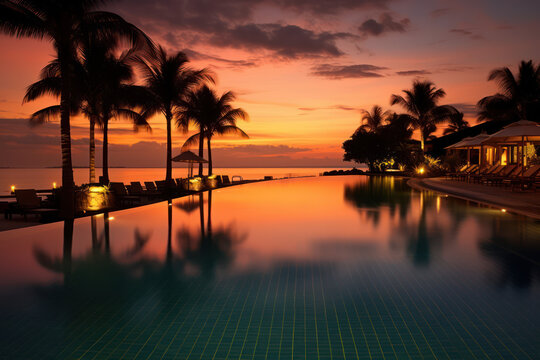 Sunset Adorned Infinity Pool at Luxurious Resort Amidst Tropical Foliage