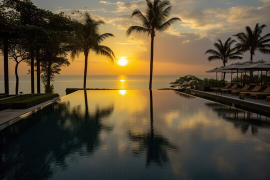 Sunset View of Luxury Infinity Pool at Five-Star Resort Blending with the Sea