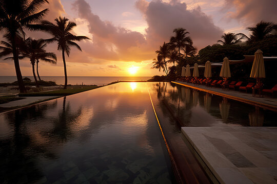 Luxurious Sunset Glow over Infinity Pool at Top-Tier Resort Amidst Tropical Foliage