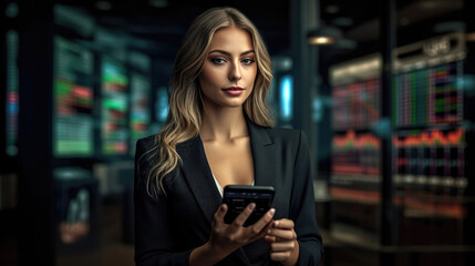 Businesswoman in a formal suit holding a smartphone and analyzing a financial chart displayed on the screen. Generative AI