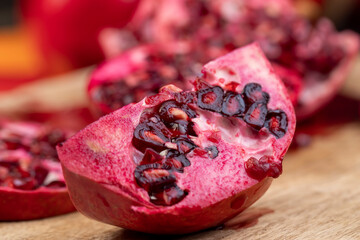 Harvested harvest of red ripe pomegranates