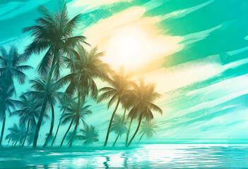 Fototapeta na wymiar a sun on a seascape with palm trees