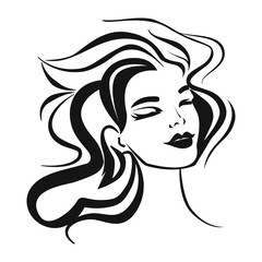 Silhouette of a woman's face for hair salon, beauty salon and cosmetology. Black, linear, vector drawing. Doodle. Icon. Closeup. Portrait of a woman. Used for printing, stickers, web design. 