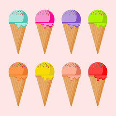 Colorful ice cream cones in flat vector illustration design