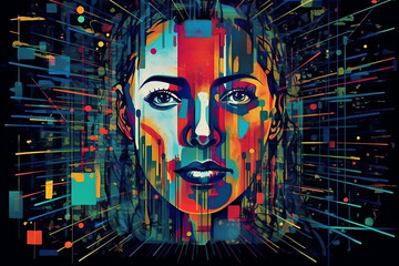 A Woman's Face with a lot of internet connection showing the overwhelmiing information humans get nowadays generative ai