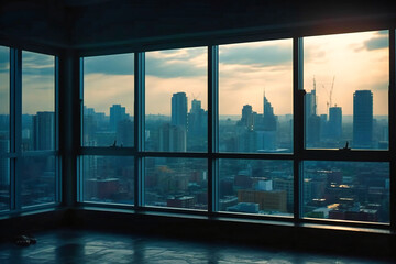 Fototapeta na wymiar the window of a skyscraper in an office