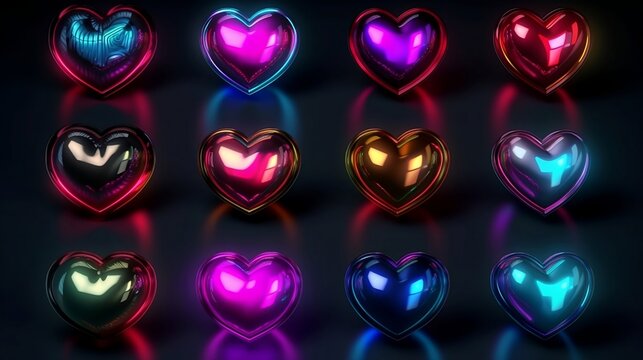 Many hearts that exhibit a shiny, metallic, and neon appearance, with strong contrast, repetition, alignment, and proximity. Generative AI