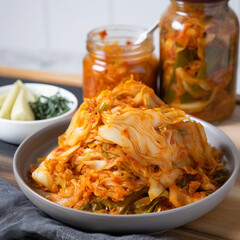 kimchi. traditional Korean dish of pickled cabbage. harvesting vegetables for the winter. salted cabbage with carrots. Russian traditions of pickling and salting. Chinese cabbage. ai generation