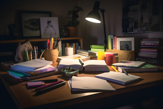 Cramming for an exam, with notes, books and stationary