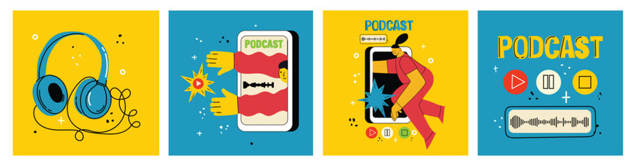 Concept of watching video online, podcast, talk show, tv application, live streaming. Hand holding smartphone with man with microphone on screen. Vector illustration in flat style