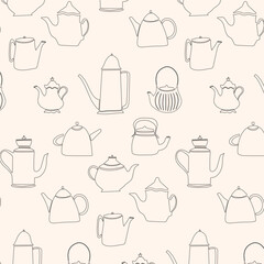Teapot pattern. Hand drawn sketch style teapots on cream background. Ink art kettle print. Tea time backdrop. Teapot silhouette. Hand draw teapot fabric, textile template