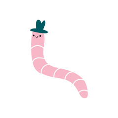 Cute Worm in a Hat Isolated on White Background. Vector illustration for kids posters, cards, bedding, fabric, wallpaper, wrapping paper, textile, t-shirt