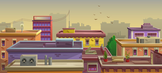 Fototapeta premium City rooftops, panoramic view of cityscape. Ventilation system, air conditioning, antenna, seating area and sofa on the roof, flowers. Densely populated area of the city. Vector illustration, cartoon.