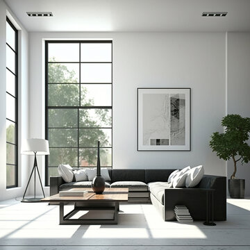 Bright modern interior of the living room with a large window. Image created with Generative AI technology.