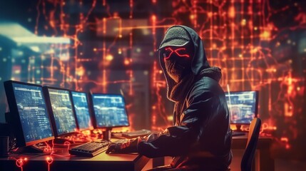 Fototapeta na wymiar Masked Hacktivist Organizes Massive Data Breach Attack on Corporate Servers, Generative AI