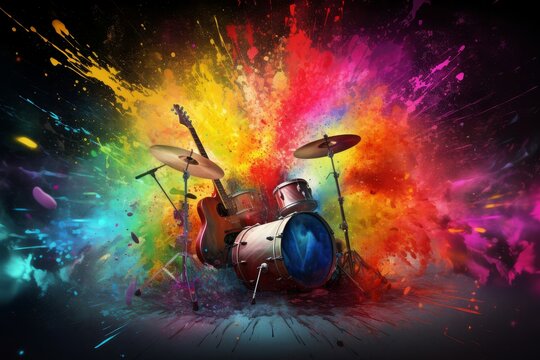 Drums guitars colors splash. Generate Ai
