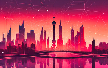 Obraz premium a city in shanghai with networked networks over it