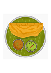 Editable Top View Indian Masala Dosa With Chutney and Sambar on Banana Leaf and Plate Vector Illustration for Artwork of Cuisine Related Design With South Asian Culture and Tradition