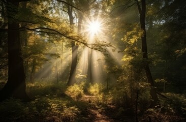 Forest sun rays. Generate Ai