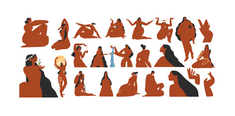 Hand drawn vector abstract modern cartoon illustrations set of trendy minimalistic people natural body figures and shapes.Modern woman body design .Feminine nature concept art.Boho woman illustration.