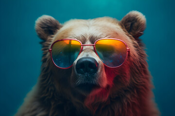 Funny bear wearing sunglasses in studio with a colorful and bright background. Generative AI