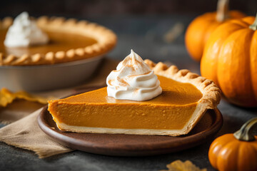Traditional pumpkin pie topped with whipped cream. Generative AI. - obrazy, fototapety, plakaty