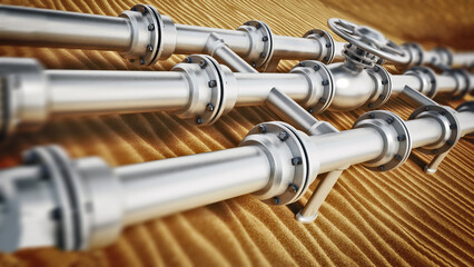 Oil pipeline on desert sand. 3D illustration
