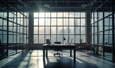 glass office space with large windows and a table