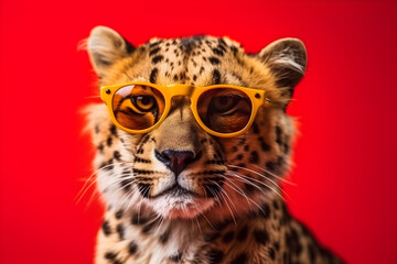 Fototapeta premium Funny cheetah wearing sunglasses in studio with a colorful and bright background. Generative AI