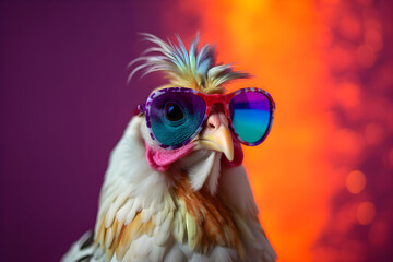 Funny chicken wearing sunglasses in studio with a colorful and bright background. Generative AI