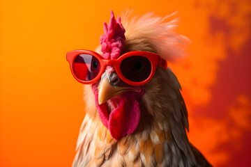Funny chicken wearing sunglasses in studio with a colorful and bright background. Generative AI - obrazy, fototapety, plakaty