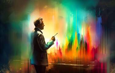 businessman is holding pen looking up at a graph