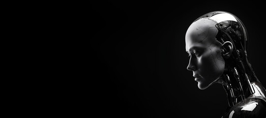 Black and white photorealistic studio portrait of a humanoid cyborg robot on black background. Generative AI illustration
