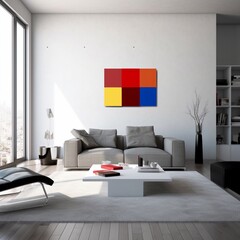 A minimalist styled living room with simple decor, featuring white and grey as its primary colors, accented with modern furniture generated with ai