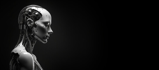Black and white photorealistic studio portrait of a humanoid cyborg robot on black background