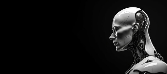 Black and white photorealistic studio portrait of a humanoid cyborg robot on black background