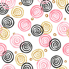 Seamless pink and golden circles pattern. Vector abstract background with round shapes